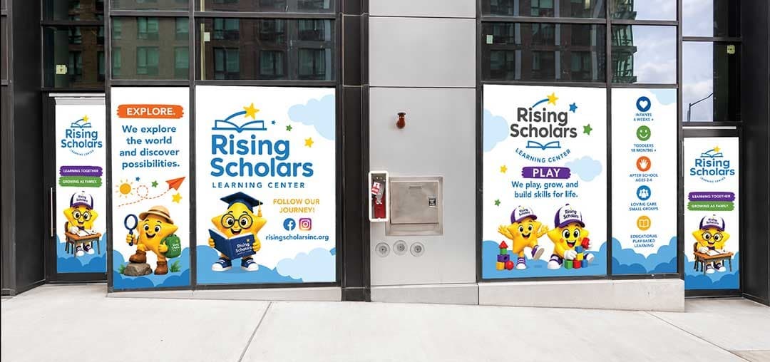Rising Scholars Learning Center Inwood storefront with colorful Coming Soon window wraps